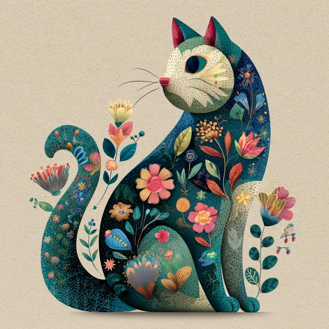 Folk Art Cat Illustration Colorful Floral Design