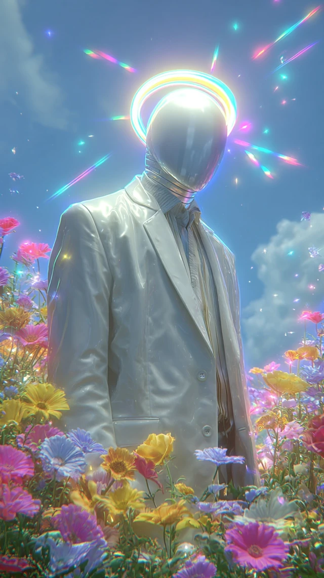 Metallic Mannequin in Floral Field Dreamlike Scene