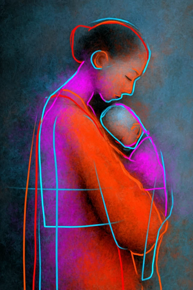 Mother and Baby Portrait Neon Line Art