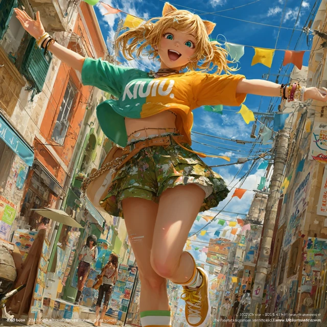 Anime Catgirl Dancing in a Colorful Street Scene