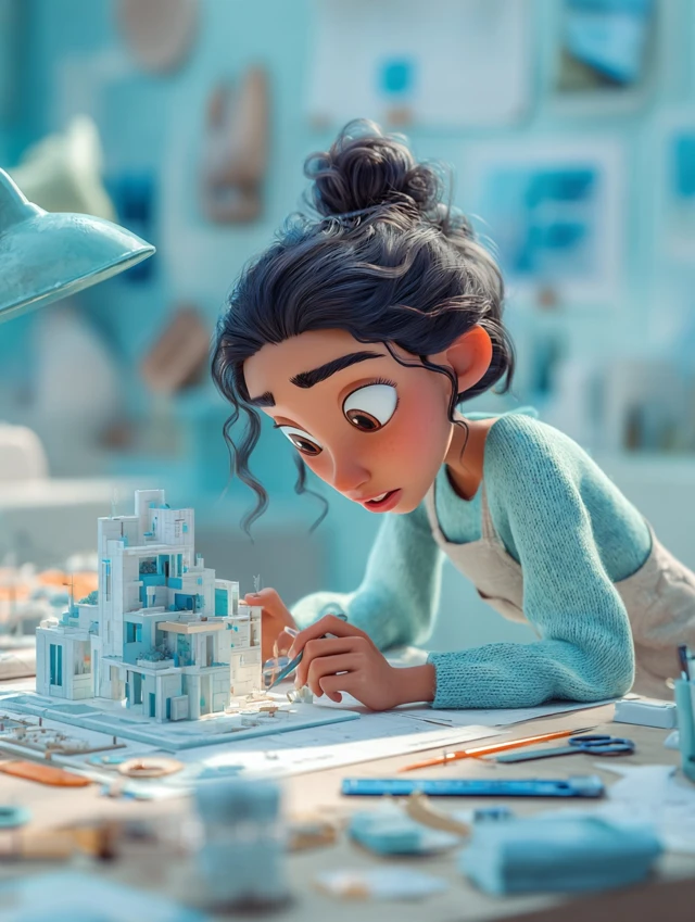 Latina Woman Pixar Style Working Architecture