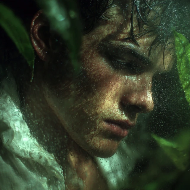 Rain Forest Portrait Man in Wet Shirt Hyperrealistic
