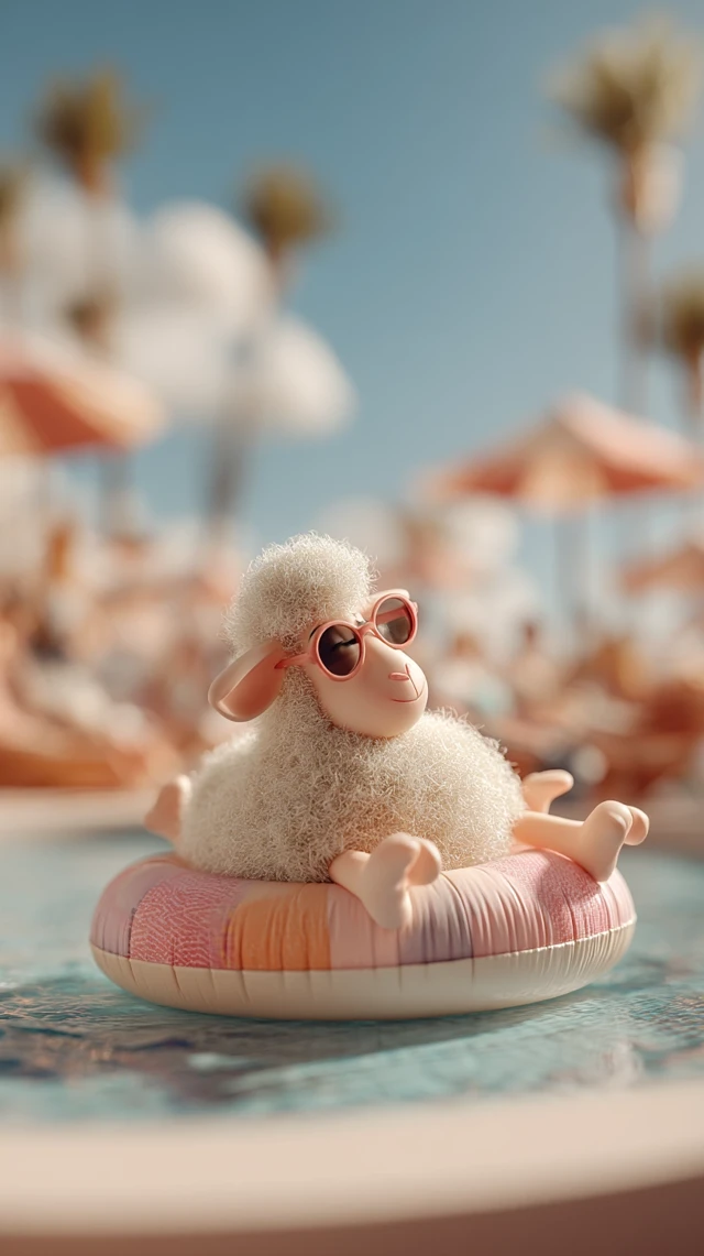 Cute Sheep Enjoying Summer Vacation at Beach Resort