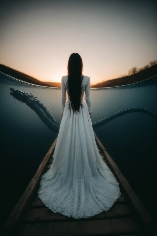 Woman Dragon Pier Surreal Water Scene