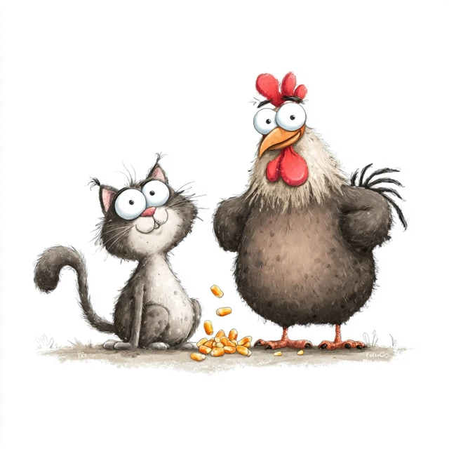 Cat and Rooster Friends Cartoon Illustration