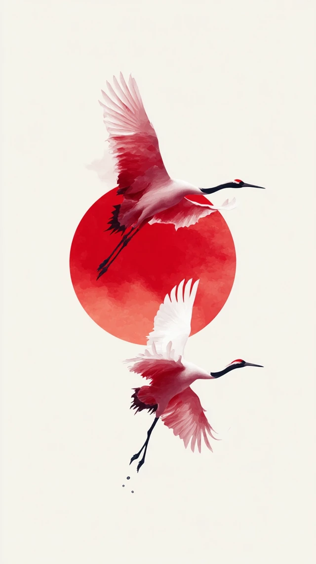 Japanese Crane Painting Red Sun Minimalist Art
