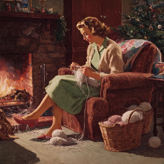 1940s American Painting Grandmother Knitting at Christmas