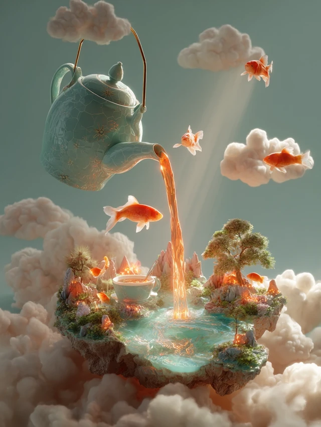 Whimsical Cloud Kingdom Tea Ceremony Art