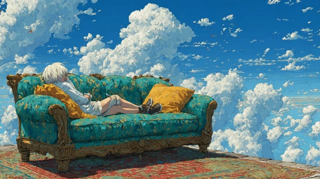 Anime Girl on Sofa Blue Sky Illustration
