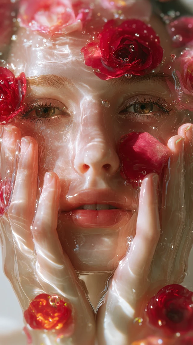 Woman Face With Roses in Viscous Substance
