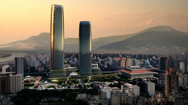 Golden Hour Urban Landscape Twin Skyscrapers