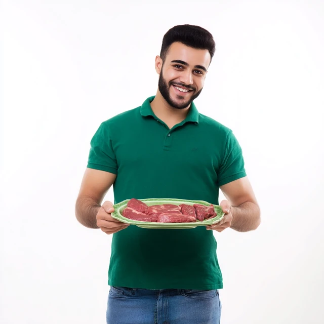 Arabian Man Smiling Holding Raw Meat