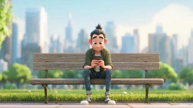 Pixar Style Chinese Man Texting in Park