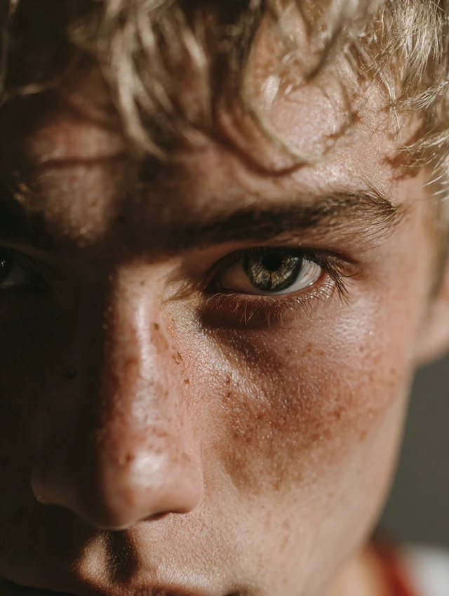 Young Athletic Blond Boy Portrait Determined Eyes