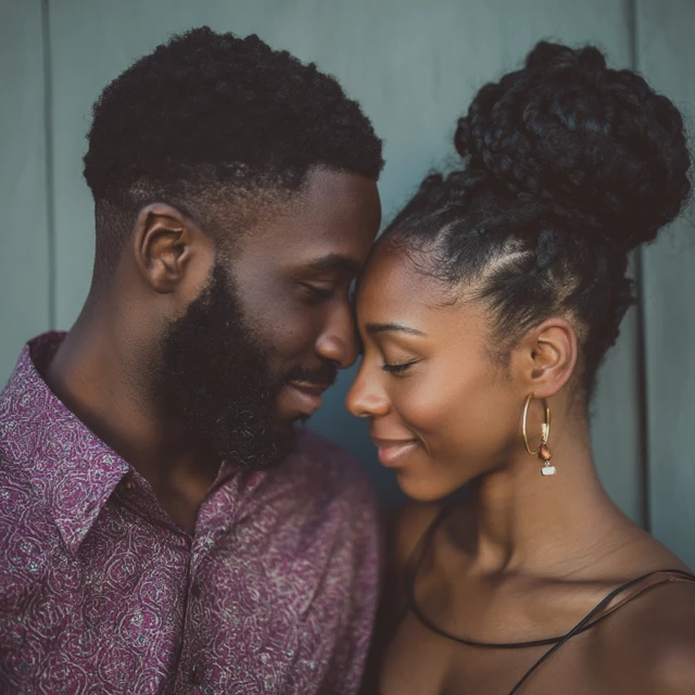 Engaged Black Couple Portrait with Serene Background