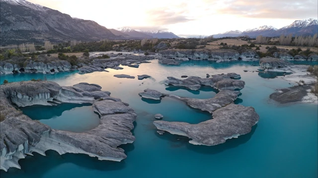 Patagonia Marble Caves Drone View Turquoise Water Blue Hour