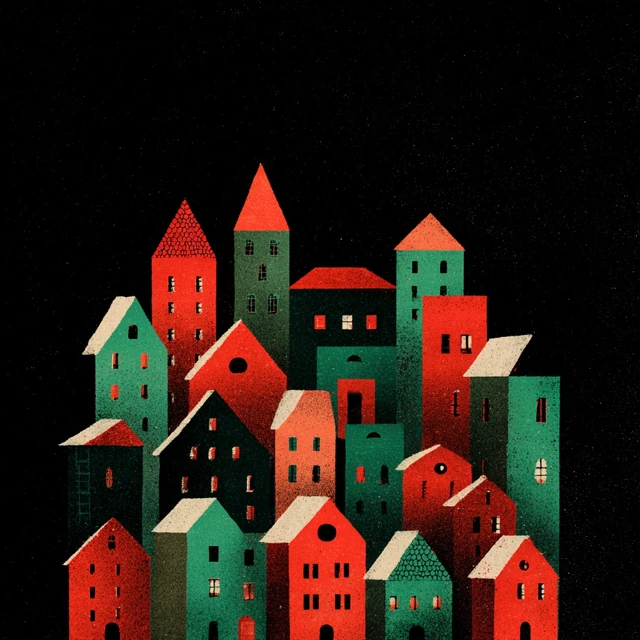 Retro Christmas Town Illustration in Red and Green