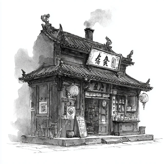 Ancient Chinese Pawn Shop Ink Wash Art