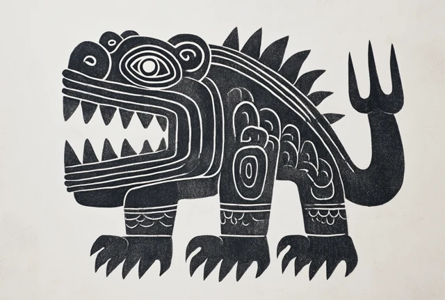 Ancient Central American Sculpture Ink Drawing