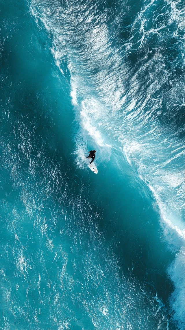 Surfer Riding Wave Aerial View Ocean Blue Wallpaper
