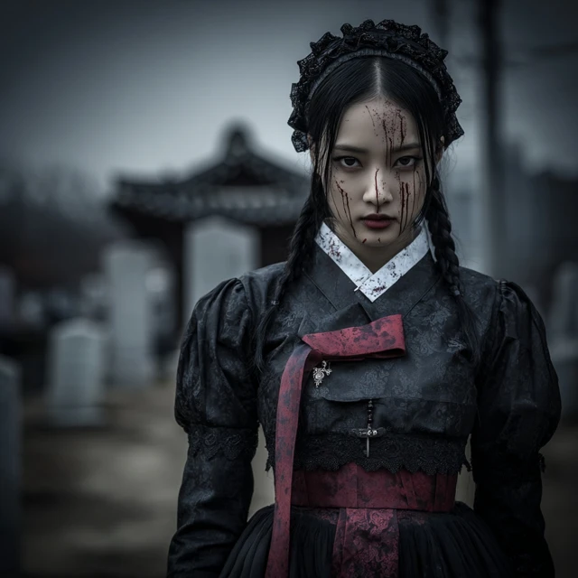 Korean Zombie Woman in Hanbok Cemetery Scene
