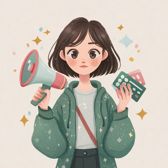 Cute Girl with Megaphone and Punch Card Modern Art