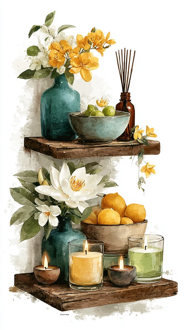 Watercolor Bathroom Decor Shelf with Candles and Lemons