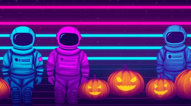 Retrofuturistic Halloween Scene Neon Astronauts