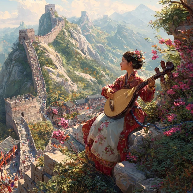 Great Wall of China Woman Playing Pipa