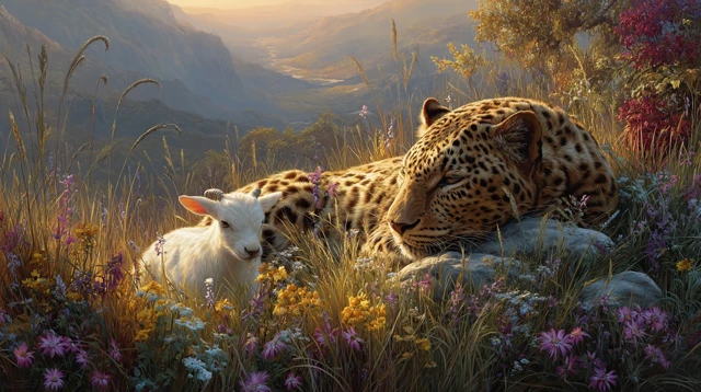 Leopard and Goat Peaceful Scene Nature Artwork