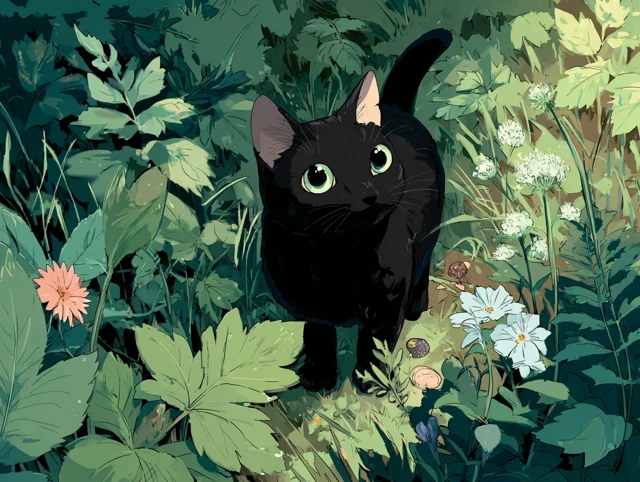 Anime Black Kitten in Greenery Studio Ghibli Style