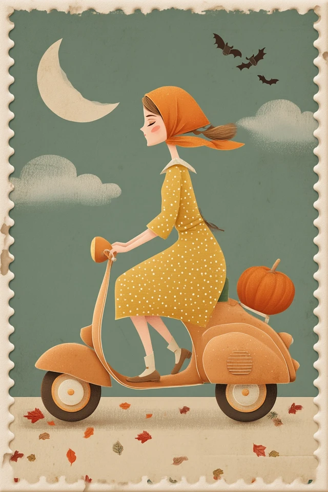 Vintage Halloween Girl on Scooter Illustration