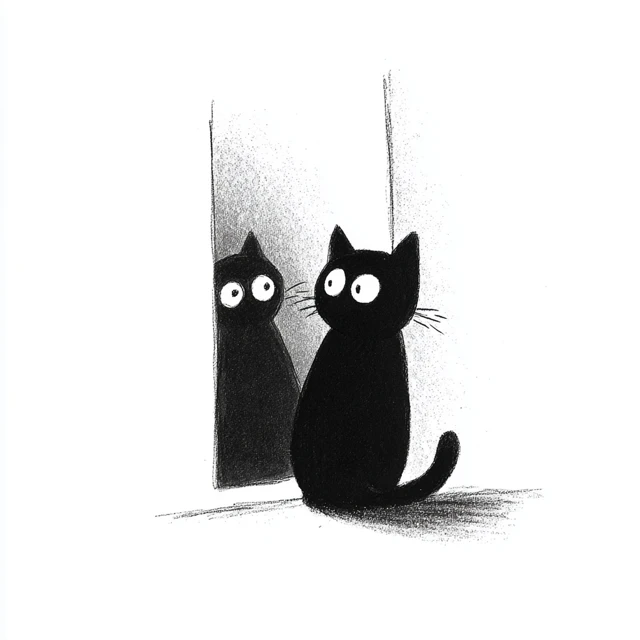 Black Cat in Mirror Minimalist Cartoon Illustration