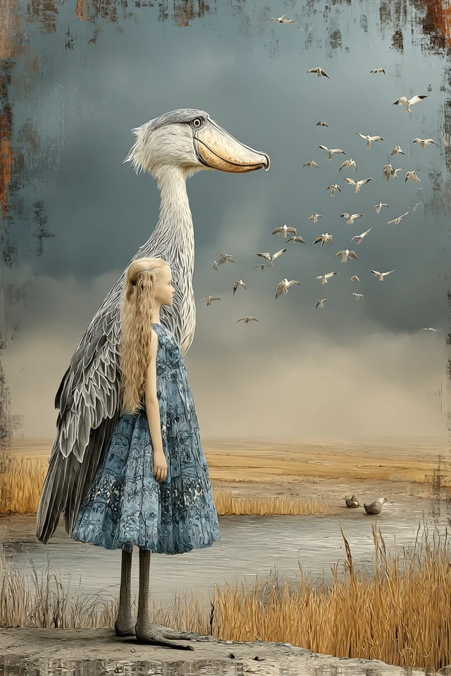 Shoebill Bird Girl and River Surreal Art