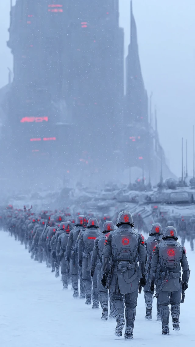 Futuristic Russian Army Marching in Snowy Battlefield