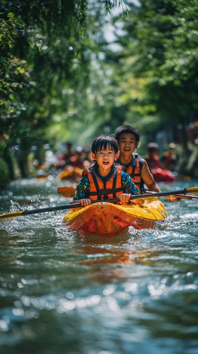 Asian Family Kayaking Fun Summer River Adventure