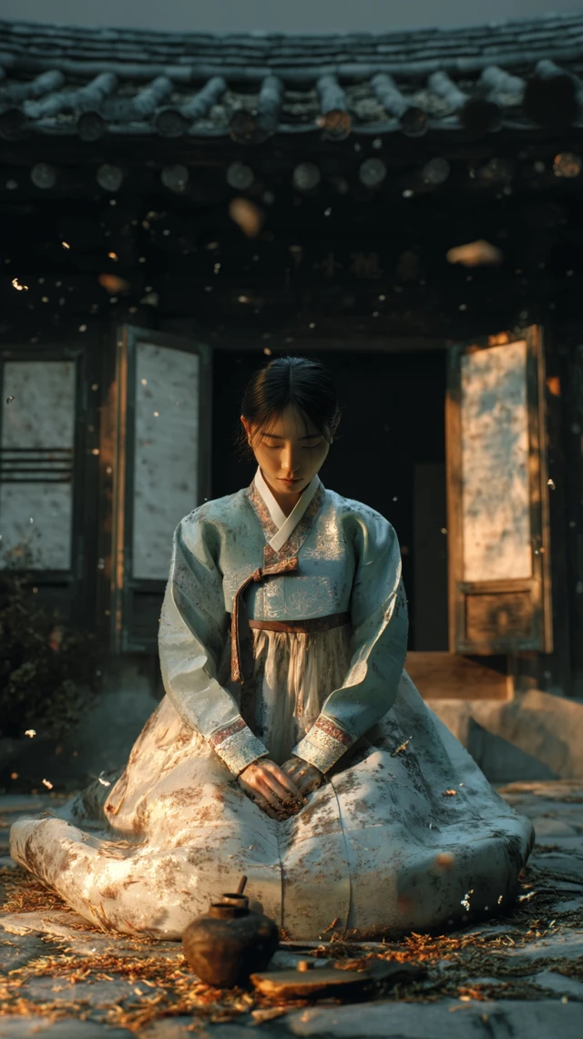 Korean Woman in Hanbok at Sunset