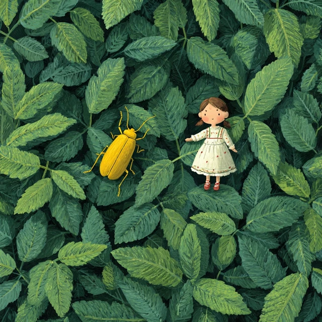 Girl in a green forest with a yellow beetle
