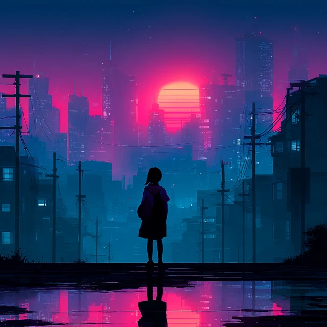 Vaporwave Girl in Futuristic City 80s Art