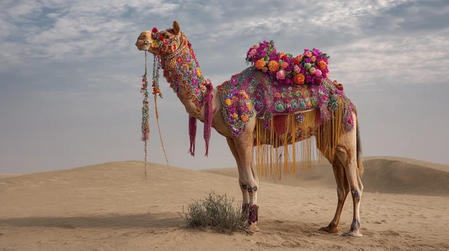 Decorated Camel in Desert Landscape