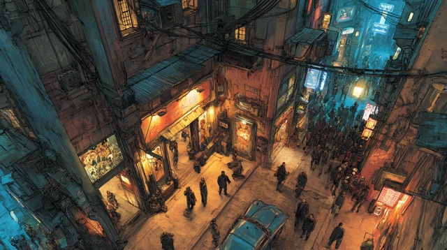 Blade Runner Style Tattoo Shop in Crowded Street
