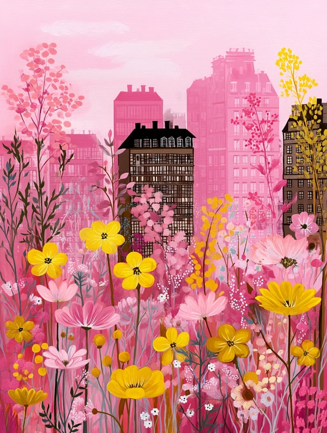 City Garden Painting: Copenhagen Buildings and Wildflowers