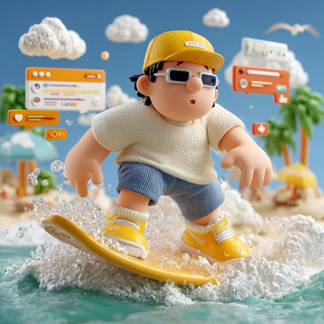 Cartoon Surfer on a Beach in 3D Style