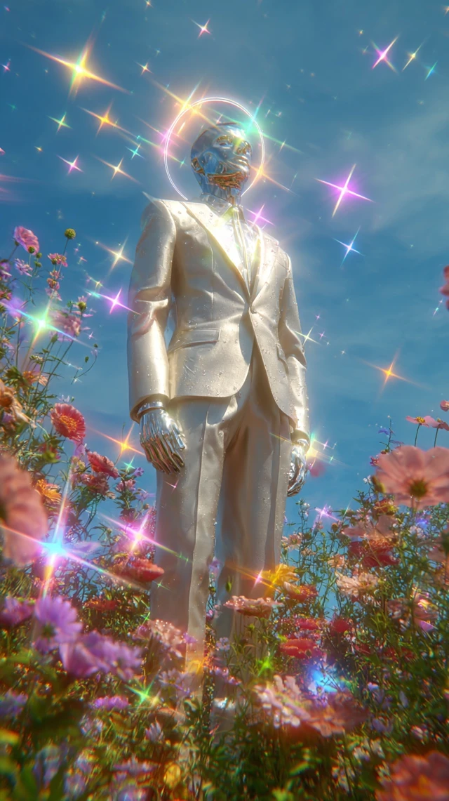 Metallic Mannequin in Floral Field Dreamlike Scene
