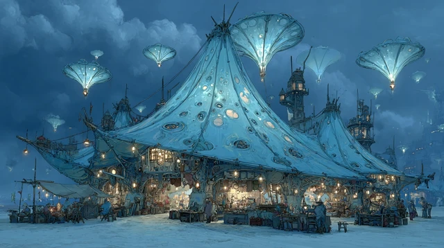 Futuristic Street Market Floating in the Clouds