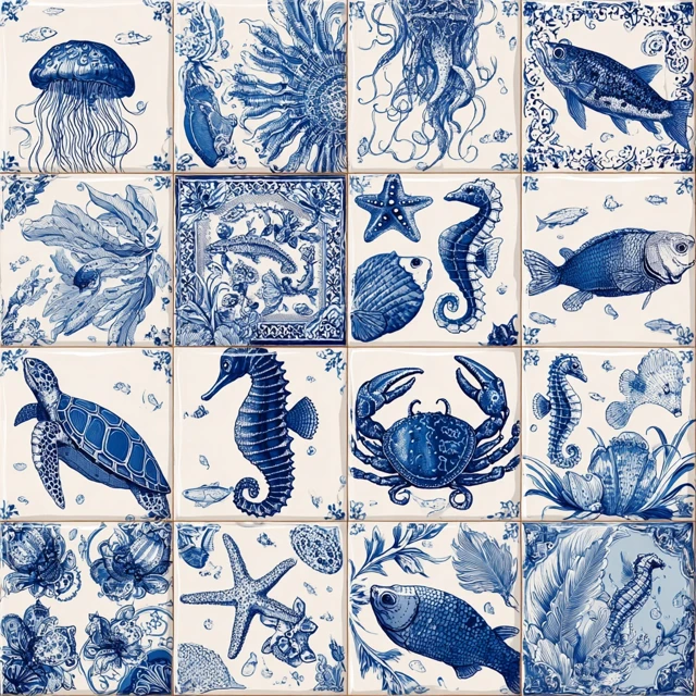 Blue and White Porcelain Tile Pattern Marine Life