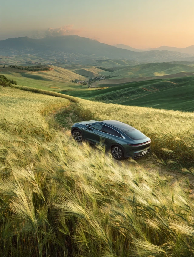 Electric SUV in Wheat Field Cinematic Scene