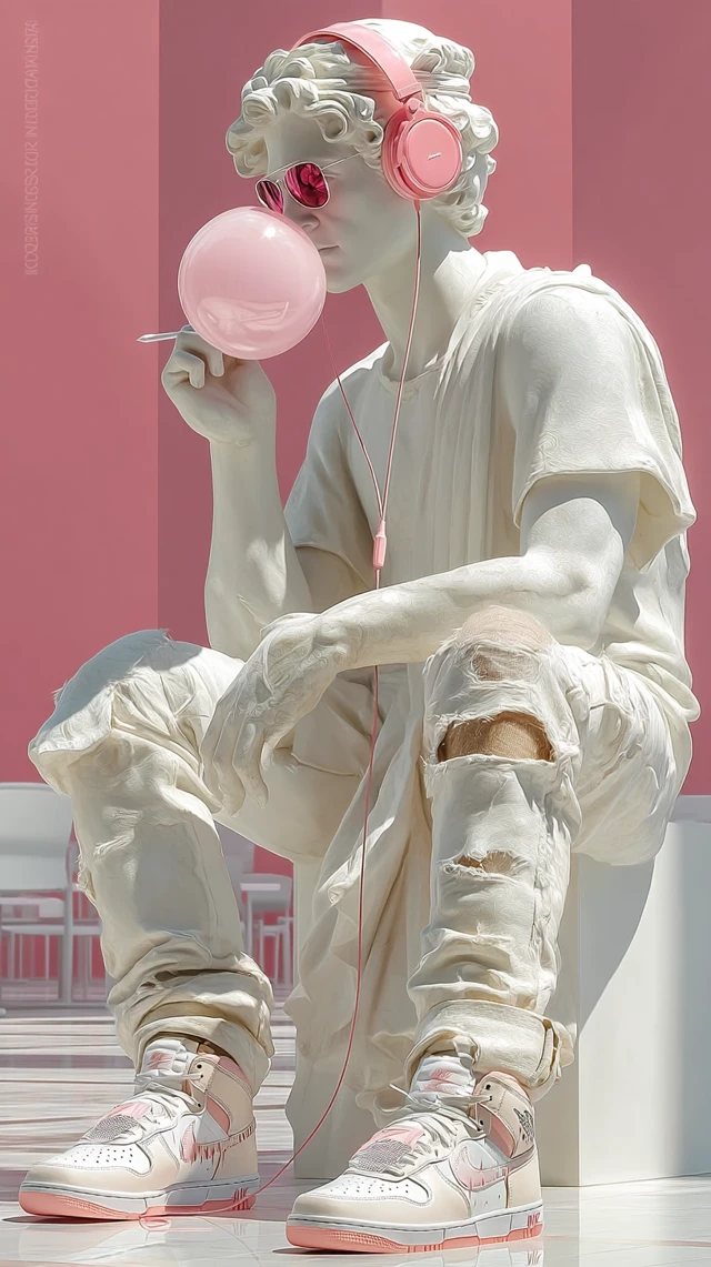 Modern David Statue with Headphones and Bubble Gum