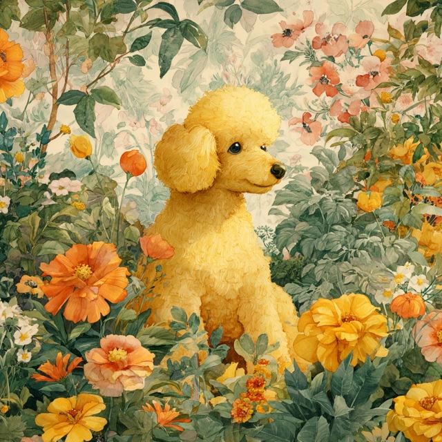 Poodle Watercolor Painting Flowers Richard Scarry Style