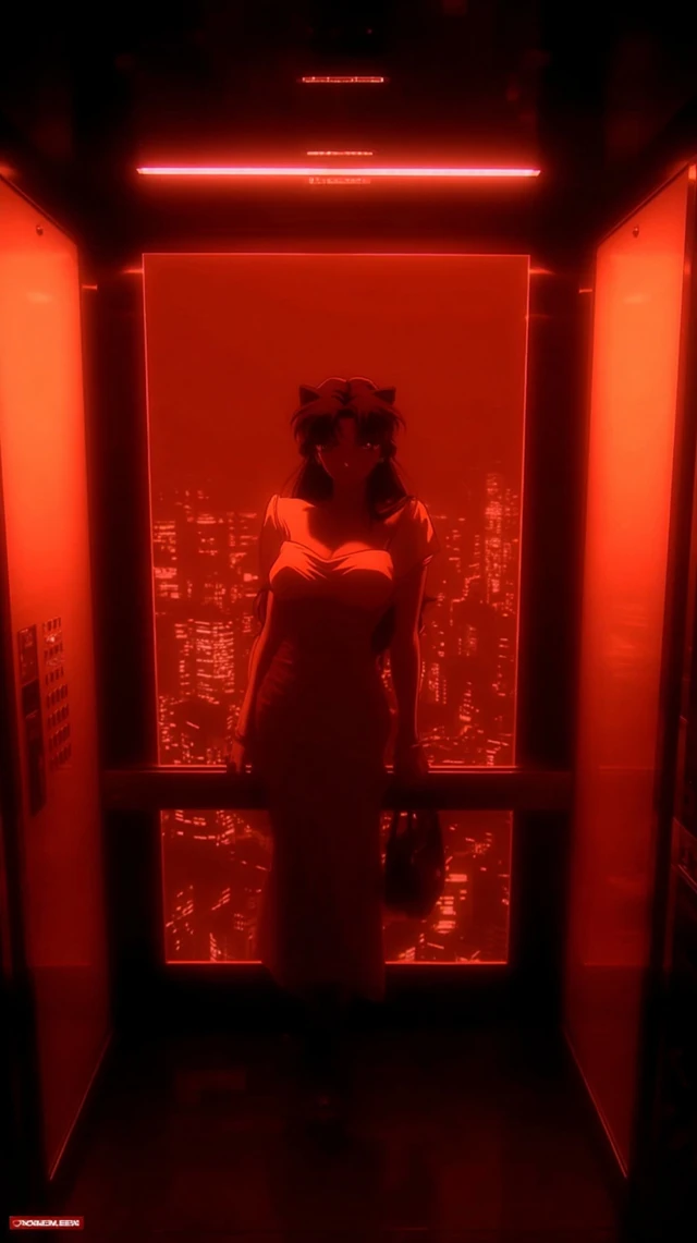 Anime Girl in Red Elevator at Night